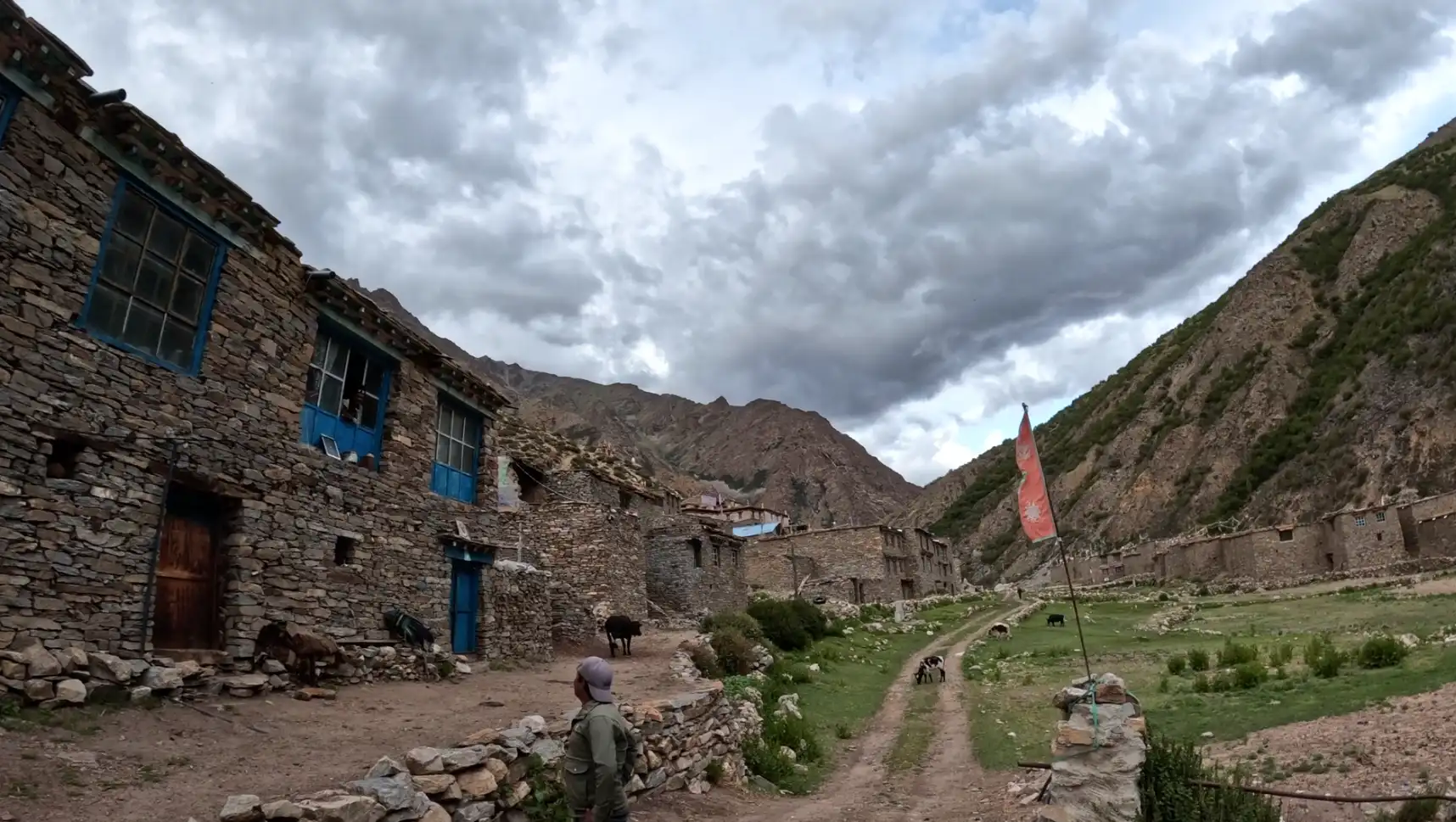 Zang Village, remote settlement in Limi Valley, Humla, Nepal with traditional Tibetan-style houses and surrounding Himalayan landscape.