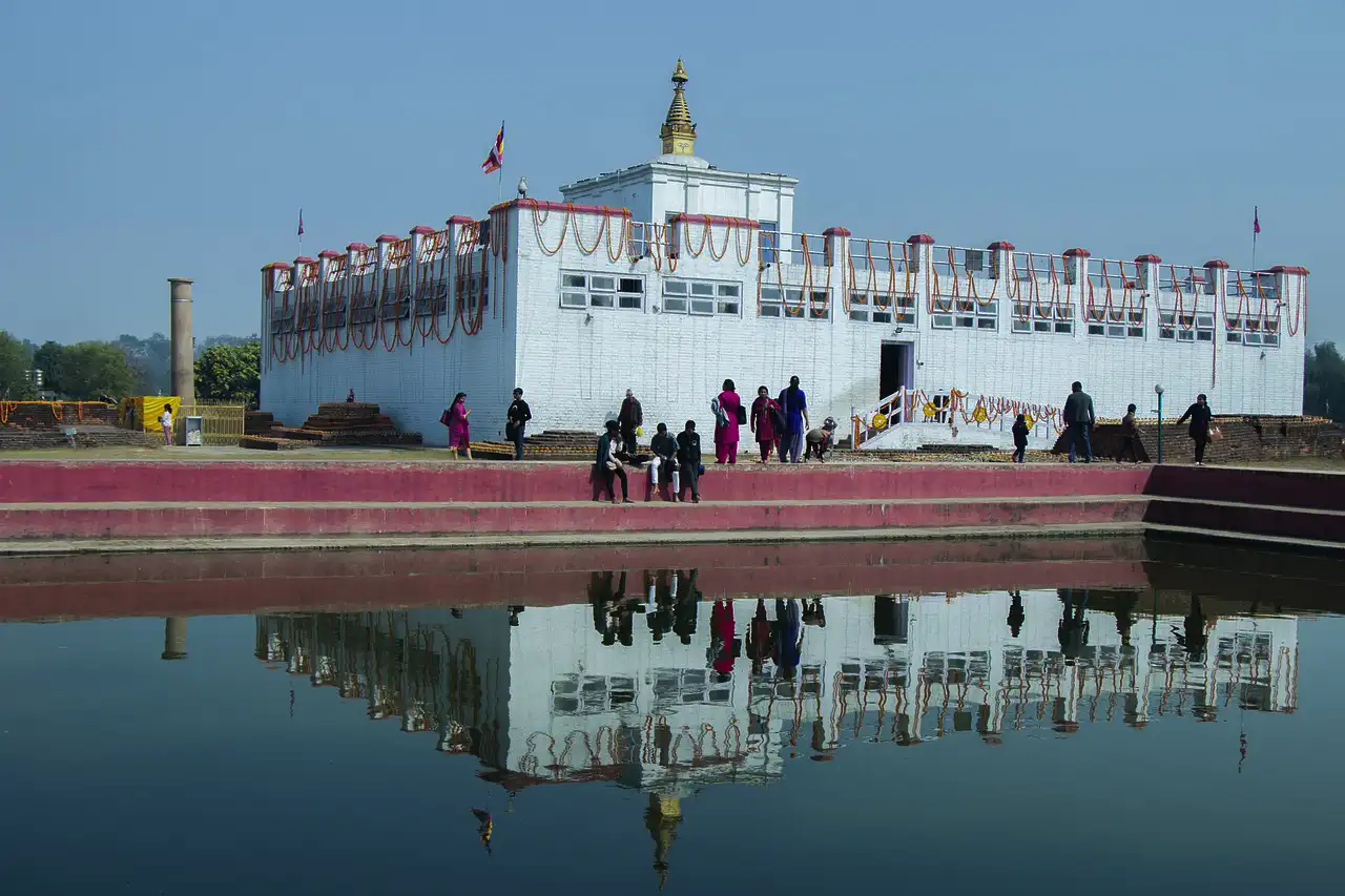 Lumbini Nepal Maya Devi Temple exterior view sacred birthplace of Lord Buddha with white marble architecture and blue sky